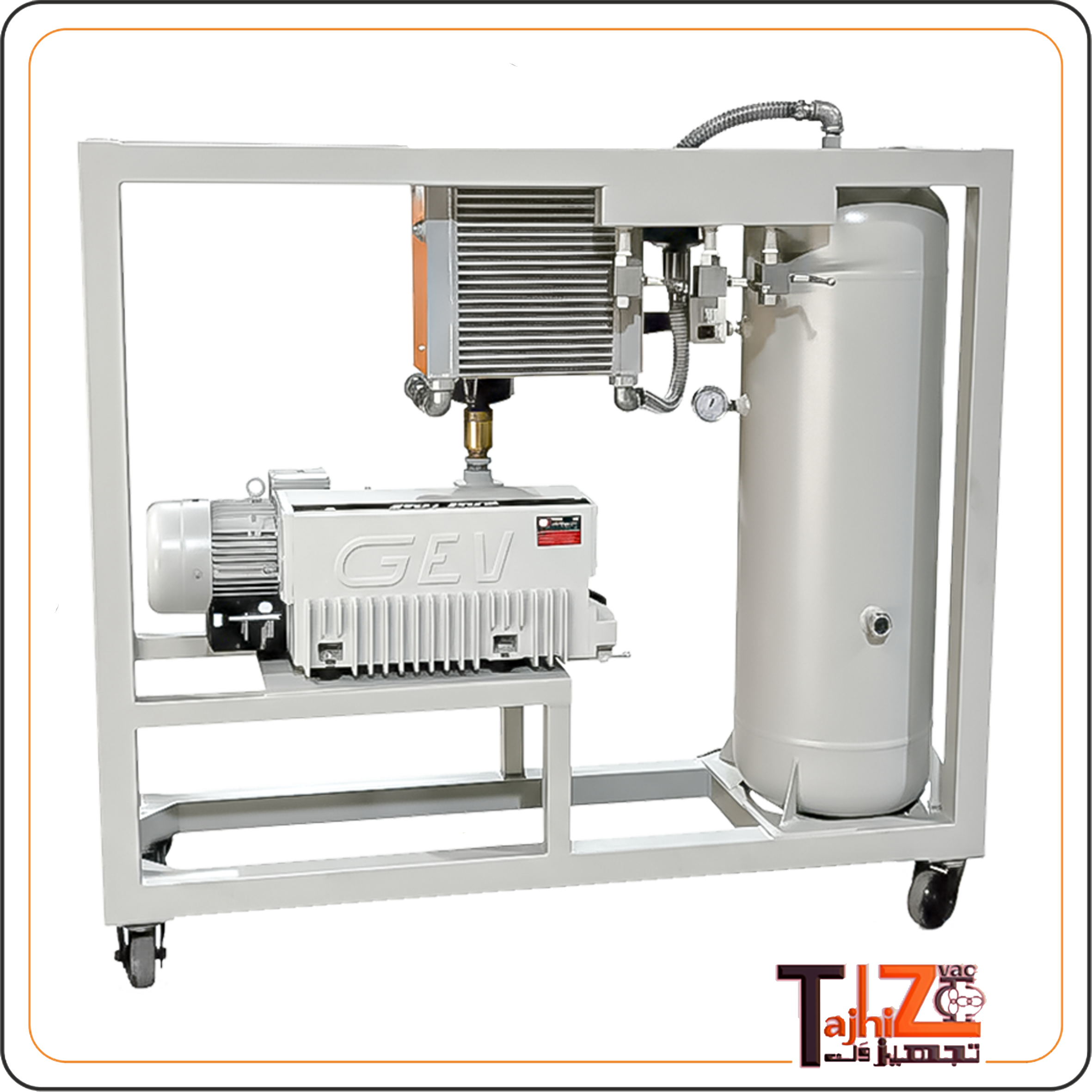 پکیج وکیوم صنعتی PTV 100-100A با پمپ روغنی GEV ایتالیا، مخزن عمودی ۱۰۰ لیتری و تابلو کنترل اتوماتیک