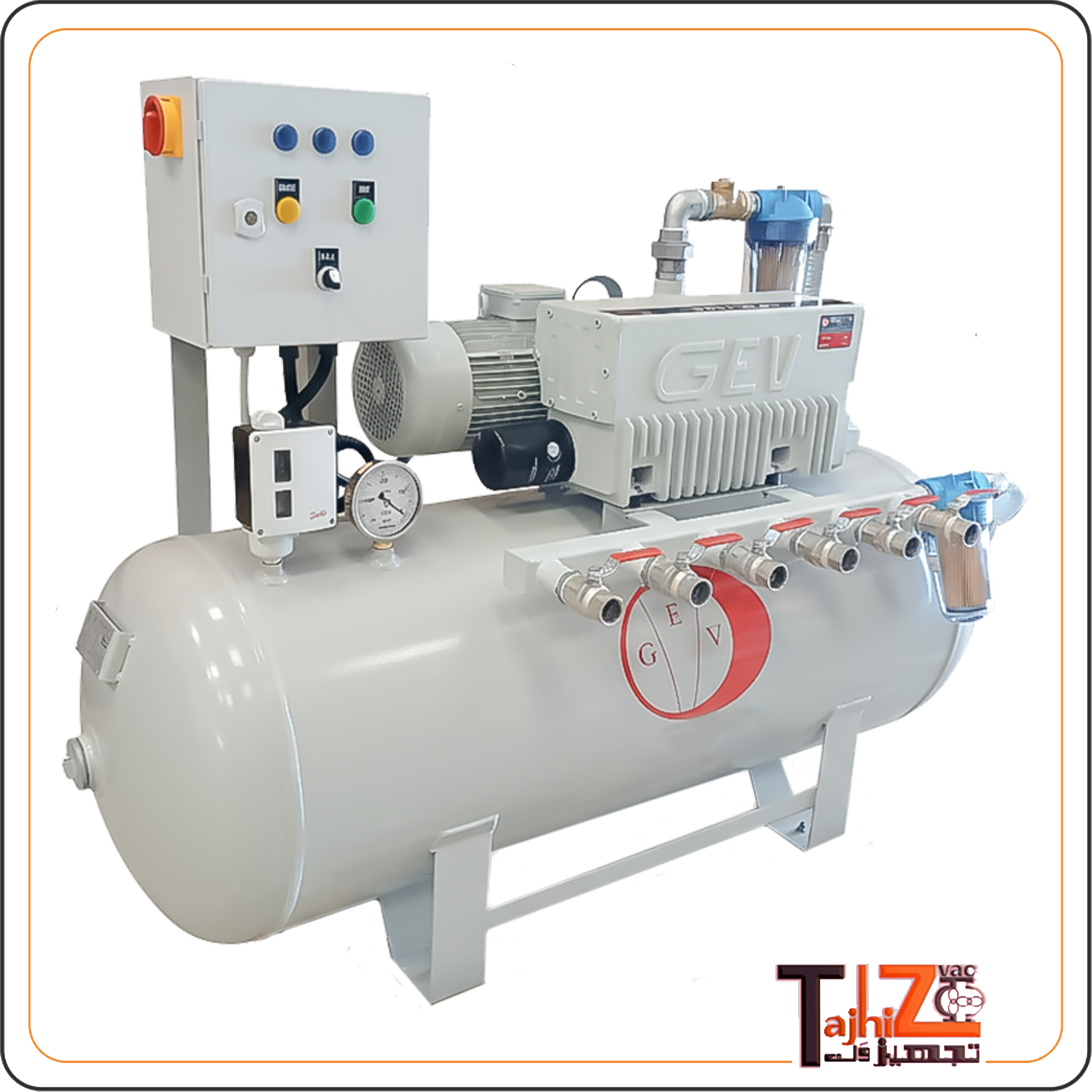 پکیج وکیوم GEV 100 ایتالیا مدل تک‌مرحله‌ای اتوماتیک با تانک خلأ افقی و تابلو برق صنعتی ساخت GEV Italy نماینده رسمی تجهیزوک